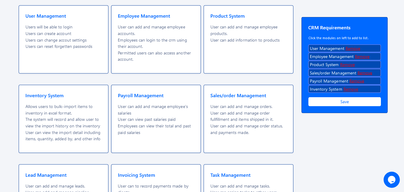 CRM Requirements Generator - Gathering client requirements be challenging sometimes. This tool provides a list of some of the most commonly used modules in a CRM to help your client in brainstorming the features for the CRM.